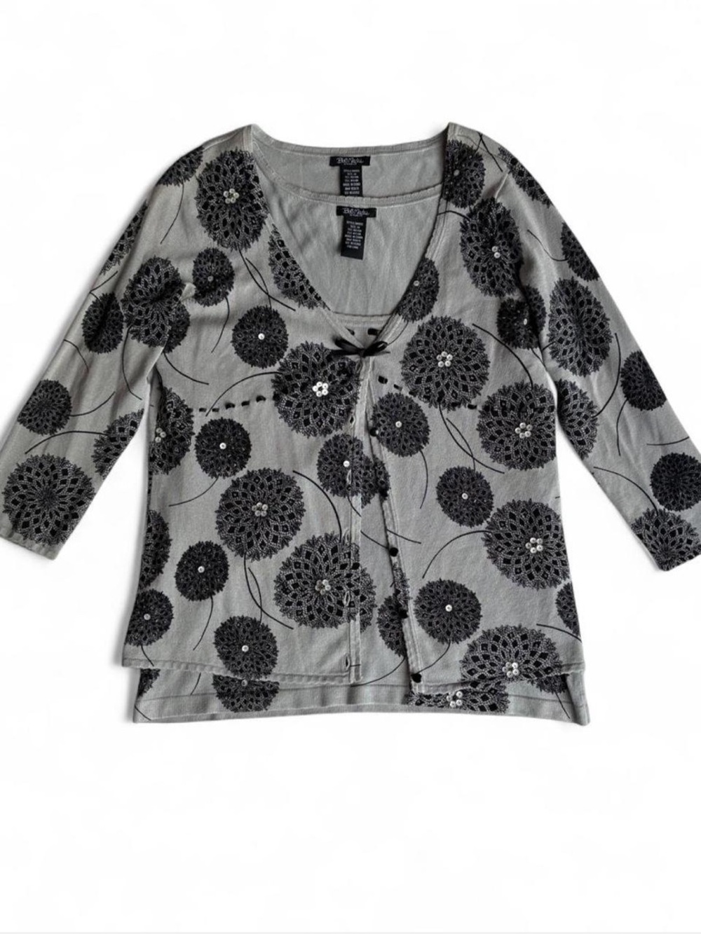 Bob Mackie Wearable Art Cardigan Set Beaded and Ribbon Accents Dark Cottage M